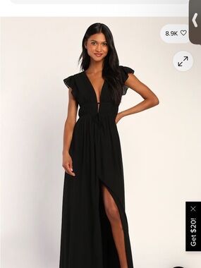 Lulus Black Flutter-Sleeve Maxi Dress with Deep V and Front Slit